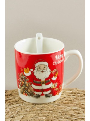 Tkçbj Noel Baba Desenli Yılbaşı Seramik Kaşıklı Kupa Tkçbj