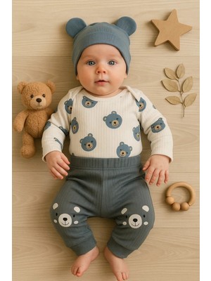 Kulaklı Ayıcık % 100 Pamuk 3'lü Erkek Bebek Takım