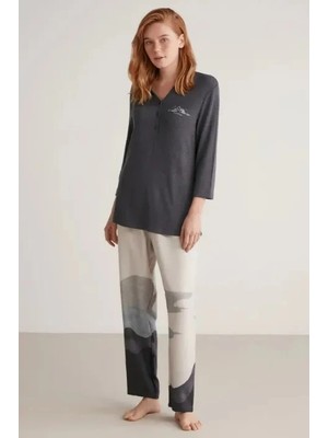 Moda Dua Nautıca W604 Kadın Patlı V Yaka Uzun Kollu Pijama Takımı