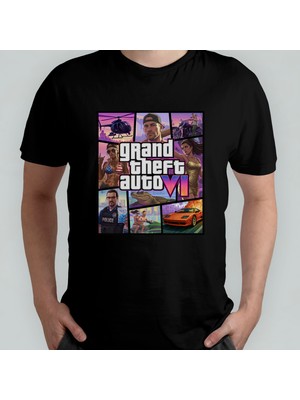 Pixxa Gta Vı Grand Theft Auto 6 Unisex %100 Pamuklu Bisiklet Yaka T-Shirt Model 3