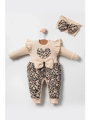 Leopar Desenli Fiyonklu % 100 Pamuk Kız Bebek Tulum