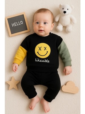 Erkek Bebek Emoji Baskılı Takım % 100 Pamuk