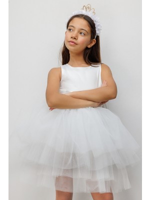 Beyaz  Tül Etekli Kız Çocuk Balerin Elbise - Carmen