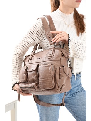 Duomino Yıkama Deri Vizon Çok Bölmeli Çapraz ve Omuz Çantası / Kol Çantası