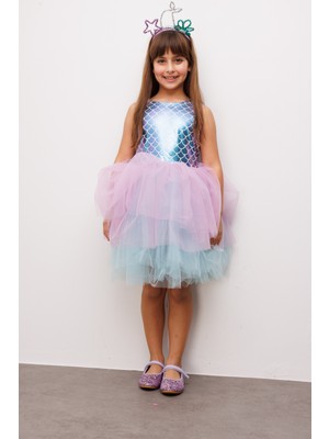 Lila  Deniz Kızı Desenli Tül Etekli Kız Çocuk Elbise - Carey