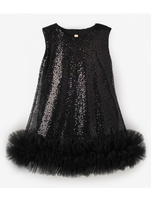 Siyah  Pullu Etek Ucu Fırfır Detaylı Kız Çocuk Abiye Mezuniyet Elbisesi - Aurora