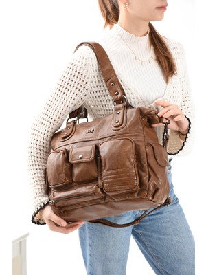 Duomino Yıkama Deri Taba Çok Bölmeli Çapraz ve Omuz Çantası / Kol Çantası