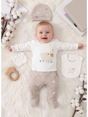 Miniday Baby 5'li Set Yenidoğan Baskılı Kız - Erkek Bebek Hastane Çıkış Seti % 100 Pamuklu Unisex Basıc Kuzu