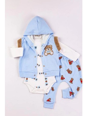 Bear Nakışlı Yelekli 3'lü Erkek Bebek Takımı