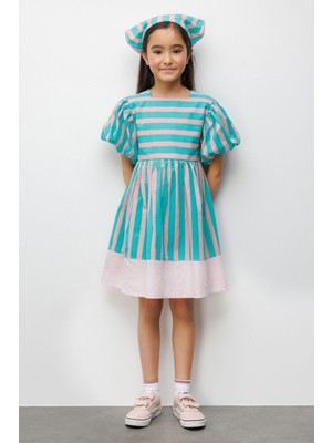 Mint  Çizgili Kız Çocuk Poplin Elbise - Juno