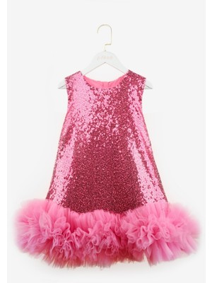 Fuşya  Fırfır Detaylı Pullu Kız Bebek Elbise - Dakota
