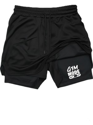Machi Makiteks Siyah Taytlı Şort - Gym Mode On Baskılı Çift Katlı Hızlı Kuruyan Spor Şortu Fitness Gym