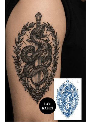Yılan ve Kılıç Figürlü Geçici Dövme - 12 Saat Sonra Kararan 11X18 cm Mistik Temalı Tattoo
