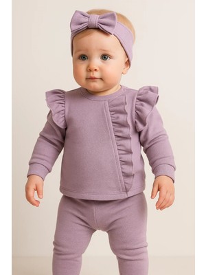Orkide Büzgü Detaylı 3 Parça Kız Bebek Takımı %100 Pamuk