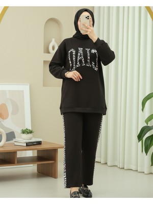 Moda Morfo Önü Yazılı Leopar Deseni Detaylı Üç İplik Sweat Takım  -K. Kahve