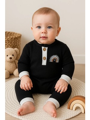 Waffle Gökkuşağı Nakışlı Erkek Bebek Tulumu