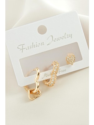 Tkçbj 3 Adet Kalp Zirkon Taşlı Küpe Tkçbj