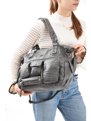 Duomino Yıkama Deri Gri Çok Bölmeli Çapraz ve Omuz Çantası / Kol Çantası