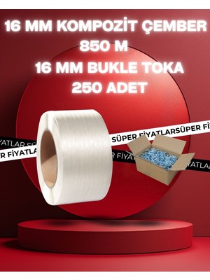 Dalpak Ambalaj 16 mm Beyaz Kompozit Lifli Çember 850 Metre ve Bukle Toka ( 250 Adet )