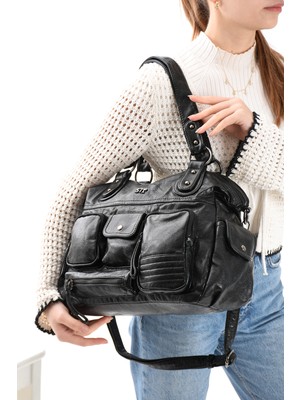 Duomino Yıkama Deri Siyah Çok Bölmeli Çapraz ve Omuz Çantası / Kol Çantası