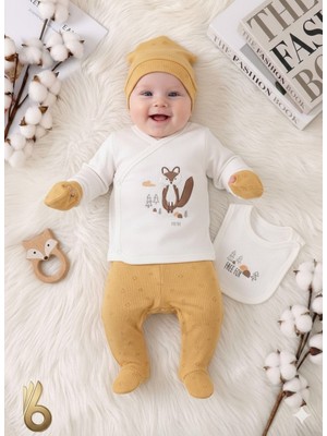 Miniday Baby 5'li Set Yenidoğan Baskılı Kız - Erkek Bebek Hastane Çıkış Seti % 100 Pamuklu Unisex Basıc Tilki