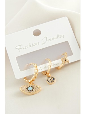 Tkçbj 3 Adet Oval Nazar Zirkon Taşlı Küpe Tkçbj