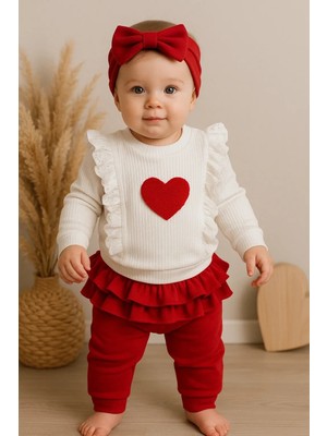 Kalp Baskılı Fırfır Detaylı 3 Parça Kız Bebek Takımı %100 Pamuk
