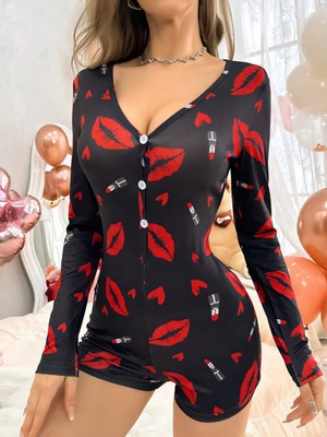 Best Dream Kadın Siyah Öpücük ve Kalp Desenli Şortlu Gecelik Pamuklu Düğmeli Uzun Kollu Pijama Tulum