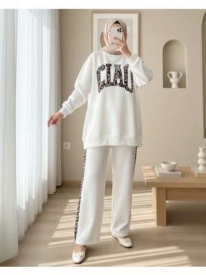 Moda Morfo Önü Yazılı Leopar Deseni Detaylı Üç İplik Sweat Takım  -Beyaz