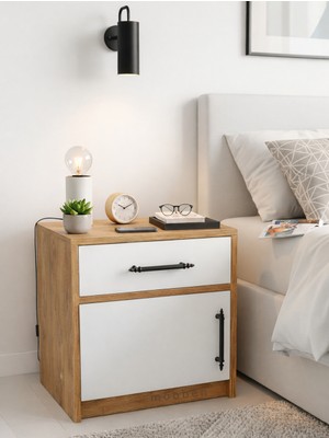 Mobben Ahşap Beyaz Çekmeceli Kapaklı Komodin Yatak Yanı Başucu Sehpası Retro Modern Tasarım