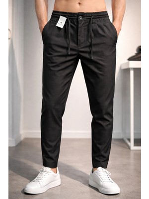 İnce Moda Giyim Erkek Slim Fit Beli Lastikli Düğmeli Bağcıklı Kumaş Pantolon