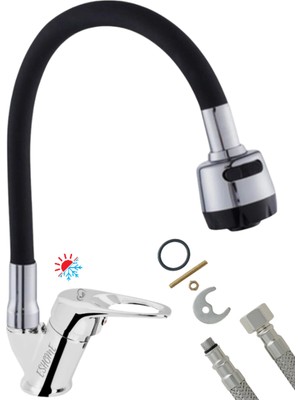 Mix Aç Kapa Sıcak Soğuk Çift Su Girişli Bükülebilir Borulu Mutfak ve Lavabo Musluğu Bataryası