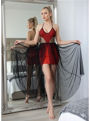 Best Dream Kırmızı Tül Detaylı Boyundan Bağlamalı Gecelik Elbise