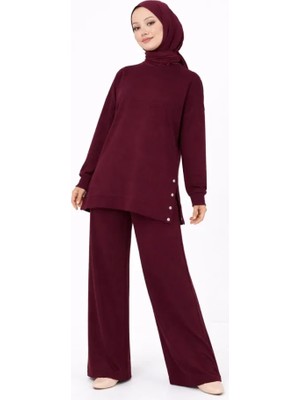 Queene Dreams Osy Modal Yumuşak Dokulu Kumaş Modern Tesettür Takım Yandan Metal Çıtçıtlı Uzun Tunik Pantolon Set Salaş Kalıp - Bordo