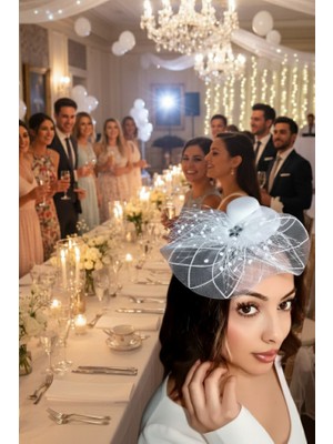 Nikah ve Dış Çekim Aksesuar Seti - Incili Tül Eldiven ve Vualet