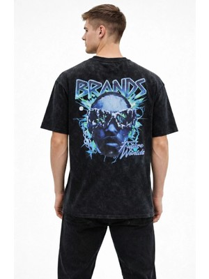 Erkek Asit Yıkamalı Oversize Tişört Future Worlds Baskılı Bisiklet Yaka Kısa Kollu Streetwear %100 Pamuk Street Style T-Shirt - Siyah