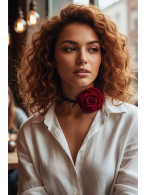 Gotik Kırmızı Gül Detaylı Dikenli Choker Kolye - Siyah Mat Diken Tasarımlı Rose Boyunluk