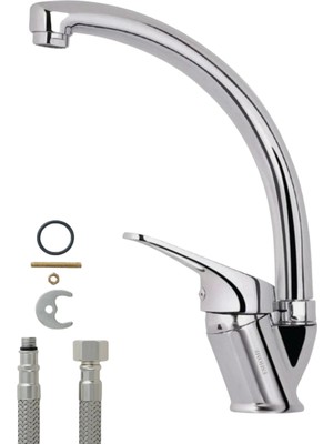 Mix Kuğu Mutfak Eviye Bataryası Musluğu - Banyo Lavaboda Kullanıma Uygun Çift Su Girişli Batarya