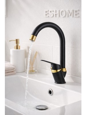Siyah Gold Banyo Lavabo Bataryası Musluğu Baston Borulu