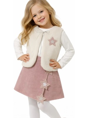 İrem Çocuk Giyim Kız Çocuk Yıldız Detaylı Şort Etekli Peluş Yelekli Uzun Kol Badili Üçlü Takım