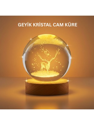 Zero Land Snmswrld 3D Geyik Desenli Kristal Küre USB Işıklı Ahşap Tabanlı Oda Lambası