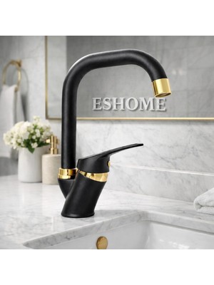 Siyah Altın Köşe Borulu Banyo Lavabo Bataryası Musluğu