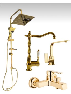 Gold Robot Gold Rustik Evye Bataryası Gold Kare Lavabo Bataryası Gold Banyo Bataryası 4 Lü Set