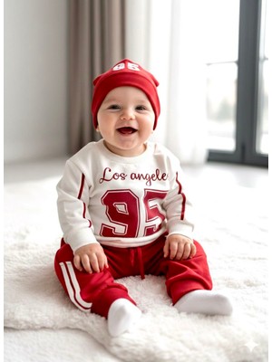 Beren Mevsimlik Erkek Bebek %100 Pamuklu 3'lü Takım Los Angeles Baskılı Şapkalı Sweatshirt Pantolon Takım