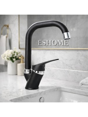 Köşe Borulu Siyah Banyo Lavabo Bataryası Musluğu