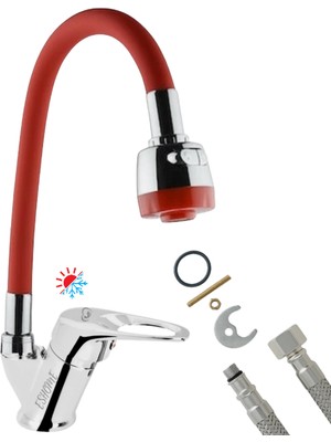 Mix Aç Kapa Sıcak Soğuk Çift Su Girişli Bükülebilir Borulu Mutfak ve Lavabo Musluğu Bataryası