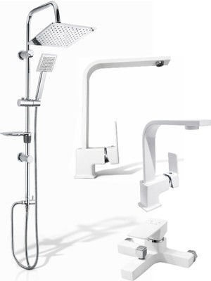 4'lü Full Batarya Seti Beyaz Kare Robot Duş - Banyo - Lavabo - Mutfak Bataryası Musluğu