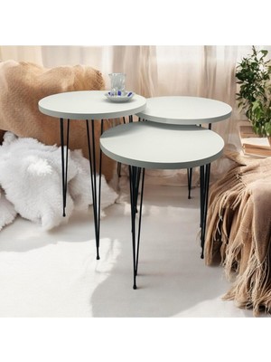Mobilyacın Zigon Sehpa 3'lü Yuvarlak Model Metal Tel Ayak ( Beyaz )