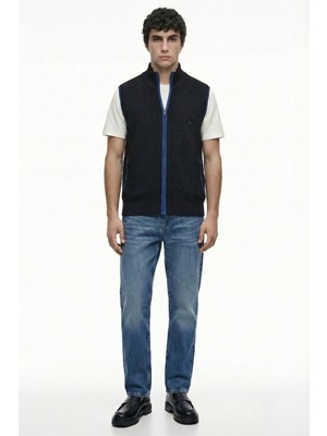 Sementa Yarım Balıkçı Fermuarlı Yünlü Triko Yelek - Siyah - Saks