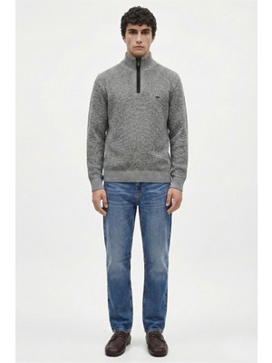 Sementa Yünlü Yarım Fermuarlı Triko Kazak - Gri - Siyah